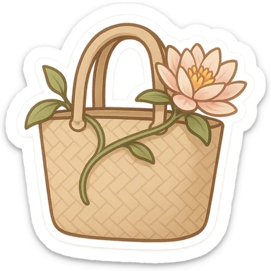 mascota para proyecto productivo, bolso artesanal con lirio de agua enredado en las asas, estilo minimalista y elegante, detalles sutiles de flor y tejido sticker