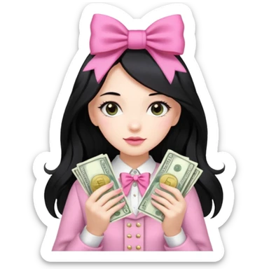 Menina de cabelo preto longo , laços rosas , dinheiro , luxo sticker