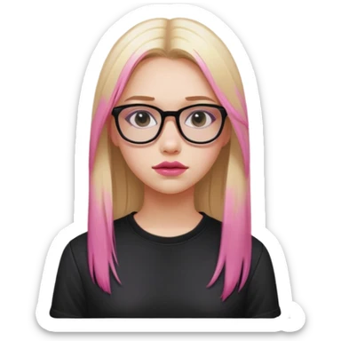 Teenage girl taking a selfie
Setting: school bathroom
Hair: long, straight, blonde with pink dye
Wears rectangular glasses
Clothing: black shirt
Expression: neutral
Lips: slightly glossy
A expressive pose sticker