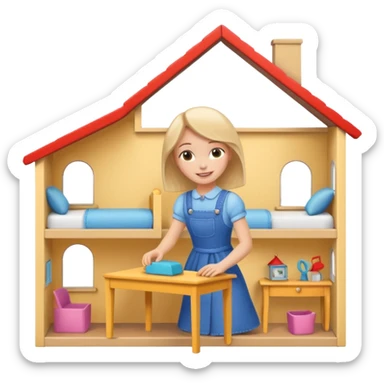 smiling girl arranging furniture in doll house sticker