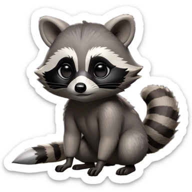 Cinematic-cute Raccoon-Realistic-hunched Full-Body on all fours-Emoji – Tail flicking lazily, head tilted dramatically, thick grey fur with a signature black mask, sharp and alert ears, simplified yet realistic focused features, highly detailed, glowing with an almost sarcastic glow. big black eyes sticker