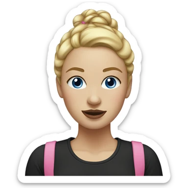 a woman with freckles, blue eyes, light skin, blonde hair with a bun, pink lips. black shirt. sticker