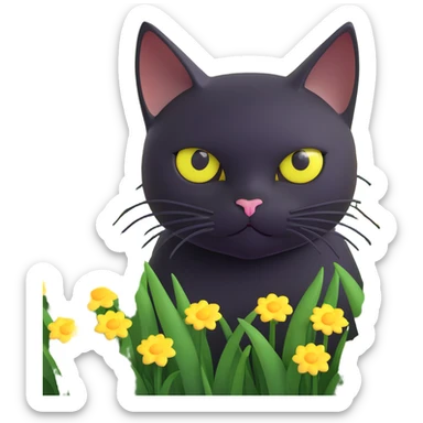 A black cat with large, round yellow eyes peeking out from a field of green grass with scattered yellow and white flowers sticker