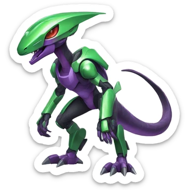 a purple-green Genesect-Raptor-Fakémon—hybrid with a futuristic visor-helmet full body sticker