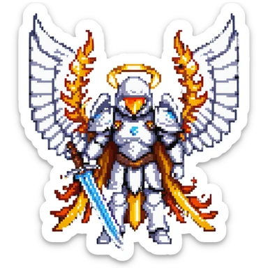 Michael the archangel with wings, armor, and a flaming sword. Divine warrior angel with a halo. sticker