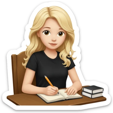 A beautiful blonde with long wavy hair in a black T-shirt sits and writes in a diary with a brown pen. sticker