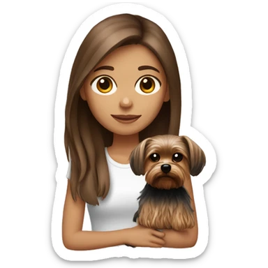Brown hair girl light skin brown eye holding a yorkshireterrier sticker