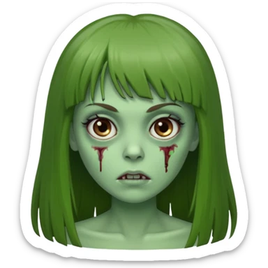 Zumbi feminino, de pele verde, cabelo longo liso e castanho com franja. rosto oval e cilios grandes sticker