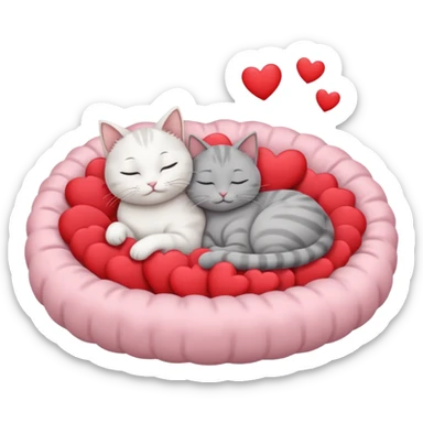 White cat and gray cat sleeping together in a bed full of hearts sticker