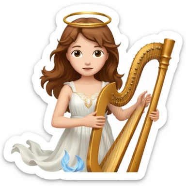 Female angel holding harp with flowing brown hair sticker