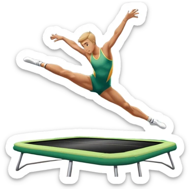 An athletic person soaring high above a trampoline, executing an acrobatic flip with perfect form. The scene captures motion and energy, with a dynamic pose, stretched limbs, and a focused expression. The background suggests a professional trampoline arena with safety padding. sticker