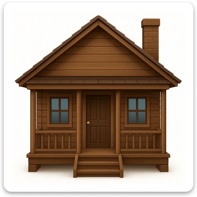 A wooden house typical of Puerto Rican rural neighborhoods, with a simple and cozy design featuring a central functional door, two symmetrical windows, a front porch with open railings, and space for a rocking chair. Emoji style, brown and wooden, no star, no symbol sticker