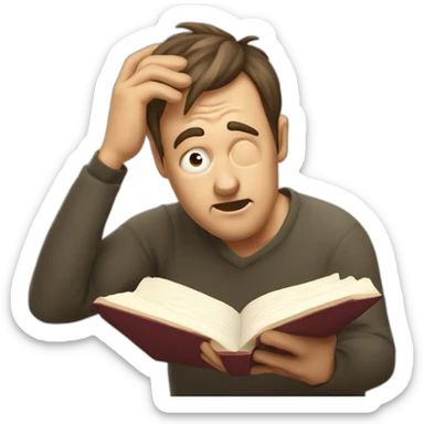 Puzzled man scratching head while reading a book sticker