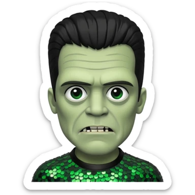 Frankenstein from Universal Monsters with grey green skin, jet black hair, black sequin outfit  sticker
