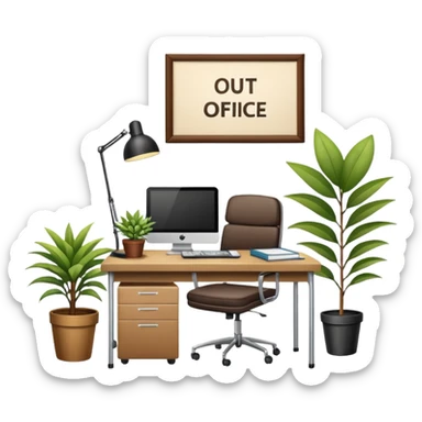 imagen de oficina con escritorio, silla, notebook, agenda y una plata con un cartel que diga FUERA DE OFICINA sticker