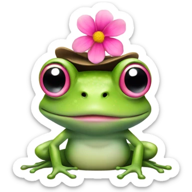 frog with a pink flower on its head like a hat sticker