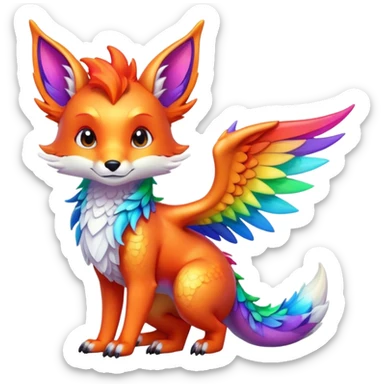 Animated Fox dragon hybrid with wings face front full body rainbow colored sticker