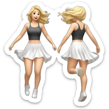 Hyperrealistic Full body Caucasian curvy beauty jumping short white skirt back and front views strong wind sticker