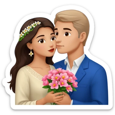 Kissing Couple traveling in Montenegro russian man and elegant  Latina girl delicate flowers and mountains in the background  sticker