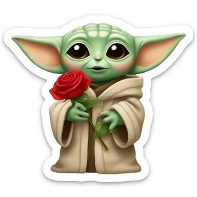 Baby yoda holding a single red rose sticker
