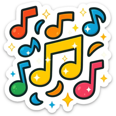 Add sparkling effects to the colorful music notes, keep the vibrant toon style, bold and lively. sticker