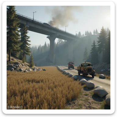  a screenshot of a location in a videogame  the image of the scene consists of: [a tall above-ground freeway collapsed], a wooded area, a small field of wheat, sandbag barricades. distant smoke. uneven terrain, derelict vintage work trucks, more distant smoke sticker
