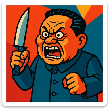 Deng Xiaoping as a cartoon villain, exaggerated angry expression, holding a knife, vibrant toon style sticker