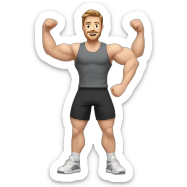 Close up Actively gesturing  with hands Pale skinned Fit Man With the biceps and brown hair in dark gray Sleeveless Mike, black oversize sports shorts, watch and white Sneakers sticker