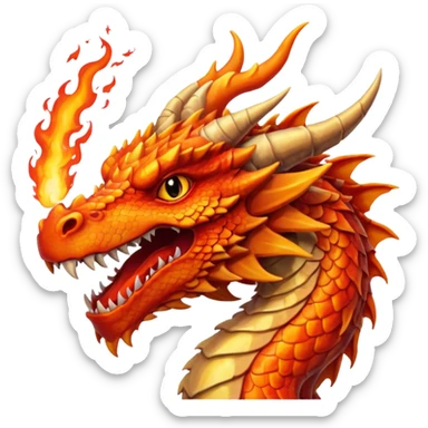 Fire dragon breathing, with an orange sunset background, detailed, digital sticker