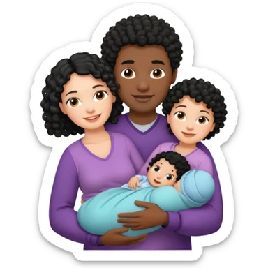 family: white woman curly black hair, black man with short black frizz hair, one 2 y o daughter mixed skin color , and a newborn in the and of the mother sticker