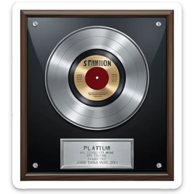 A platinum music award plaque: a square, polished platinum plate with a subtly textured, mirror-like finish, mounted on a simple dark wood base. The center features a relief of a or stylized vinyl record in a slightly darker metallic tone.  sticker