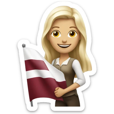 Happy blonde woman with a small flag of Latvia sticker