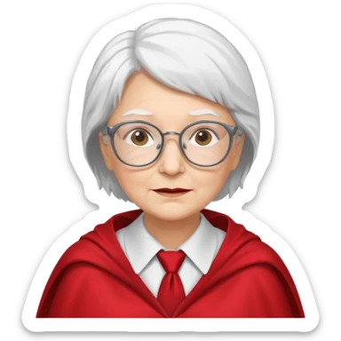 An older woman with glasses and white hair, in a red tie and cape sticker