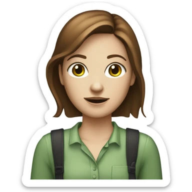 Web designer carrying a pc in her hands. white woman with medium-length brown hair, green eyes and freckles on her nose. sticker