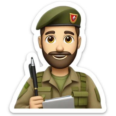 brown bearded IDF soldier happy holding notebook and pen sticker
