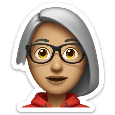woman in a red hoodie that covers most of her face, wearing glasses sticker