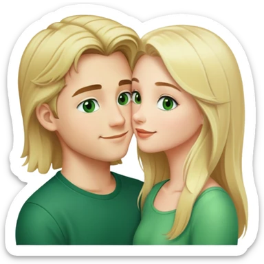 Smiling kissing couple of blonde girl with long hair green eyes. And a boy with black short hair and green eyes sticker