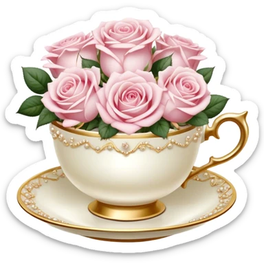 Elegant arrangement of pale pink roses in a pearl teacup with gold trim, vintage-style. sticker