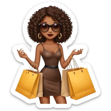 Rich dark brown girl with dark brown mid-length curly hair expensive retail shopping bags and sunglasses sticker