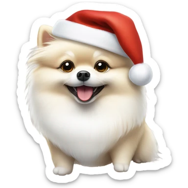 white pomeranian dog smiling with a christmas hat sticker