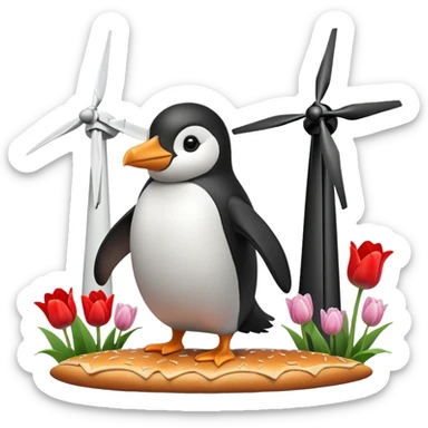 penguin with a hamburger in its beak, soaring above windmills and tulip fields sticker