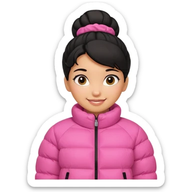 A caramel skinned girl that’s has puffy black hair with her hair up skinny and wears a pink puffer coat sticker