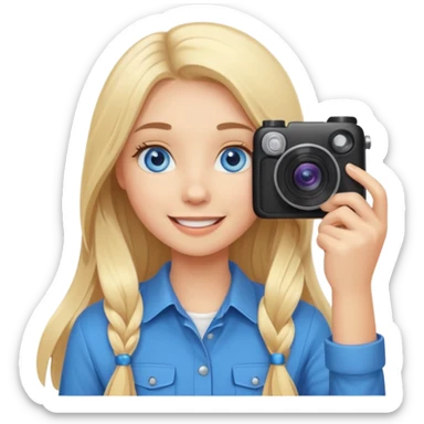  blue eyes blonde girl photographer cartoon taking picture in middle of taking picture camera in front of face long hair smiling funny flash professiona sticker