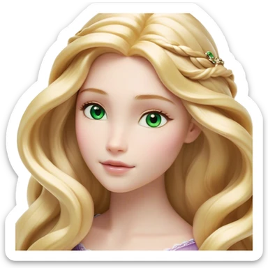 Cinematic Realistic Rapunzel Portrait, with porcelain-like skin featuring a subtle, natural glow, illuminated by soft lighting that brings out the gentle contours of her face. Her long, golden blonde hair cascades in detailed waves, each strand highlighted with a radiant shimmer as it catches the light. Her bright, expressive green eyes exude curiosity and warmth, framed by delicate lashes and soft, arched brows. Her expression is playful and vibrant, with a gentle smile. She is dressed in her classic lavender and pink gown, the fabric textured with delicate folds that flow naturally, catching the light with a soft, radiant glow. The portrait captures a luminous, enchanting aura, seamlessly blending realism with a whimsical, fairytale charm, evoking a timeless sense of beauty and magic. sticker