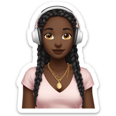 African girl. Black long twists. Wearing white headphones. Listening to music. Wearing a light pink v neck top. Gold Jewelry. Makeup. Blush. sticker