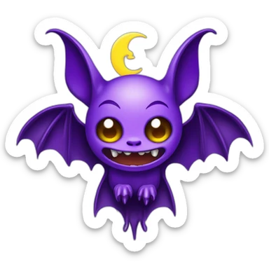 purple and black mad face vampire bat cartoon sparkle eyes wings flying in front of large dripping crescent moon sticker