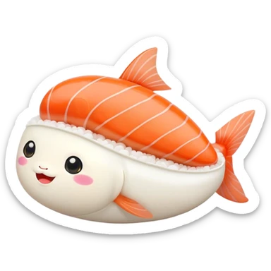 Cute Kawaii Nigiri Sushi, plump and happy, a soft white rice pillow topped with bright orange salmon, tiny blushing cheeks, big round eyes, a joyful floating expression! sticker