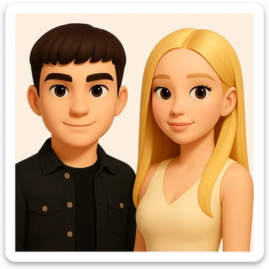 Slightly increase the volume of the upper body of the girl, separate the girl and the boy from each other, and make the skin color the same for both characters. Maintain the cartoon style and keep the background clean. The original style is cartoonish, so keep the edited image in a similar cartoon style with a clean background. sticker
