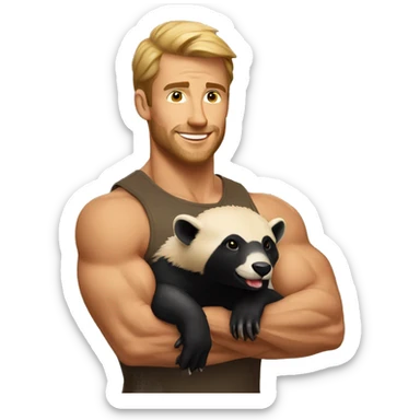 muscled man holding a honey badger sticker