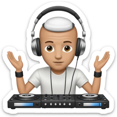 White dj mixing with dj booth, headphone on head, no cap, not bald,  sticker